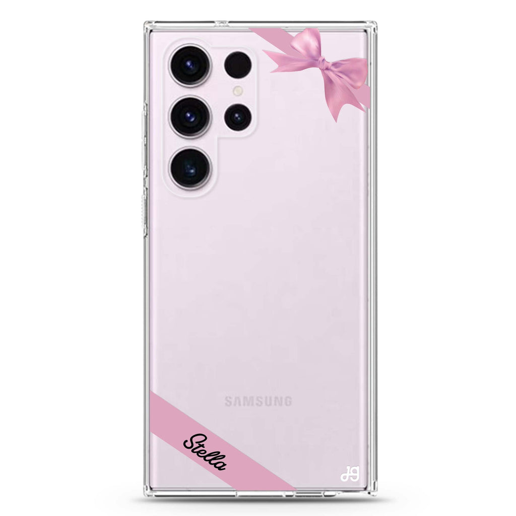 Pink Bow personalized name Samsung Galaxy S26/S25/S24/S23/S22 Ultra ultra clear case, transparent design, main view