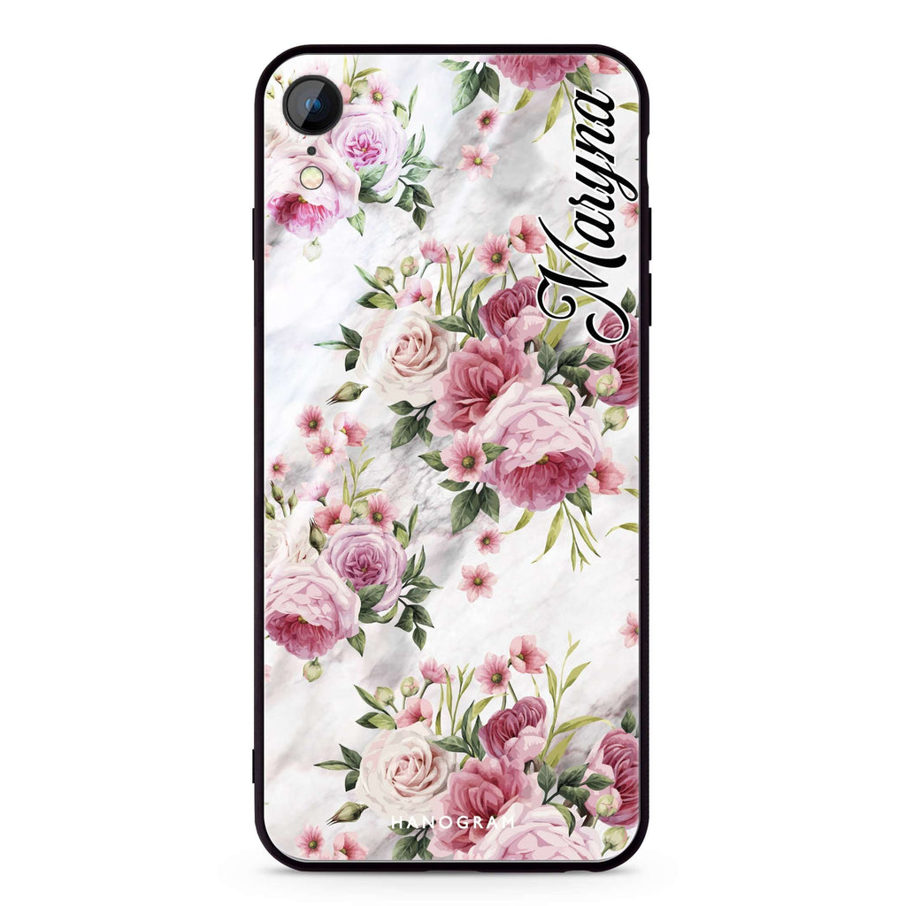 Marble and Pink Floral iPhone XR Glass Case