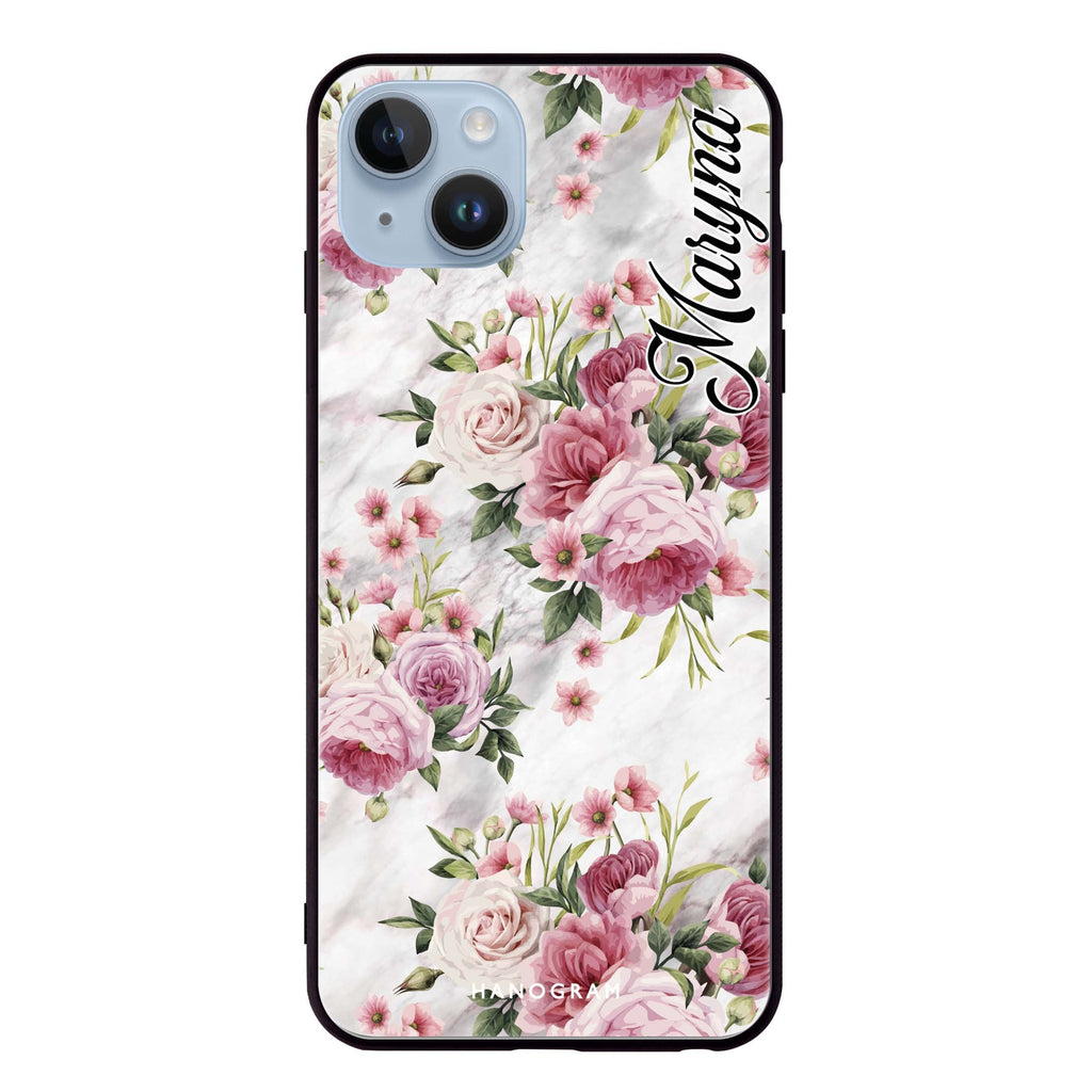 Marble and Pink Floral iPhone 14 Plus Glass Case