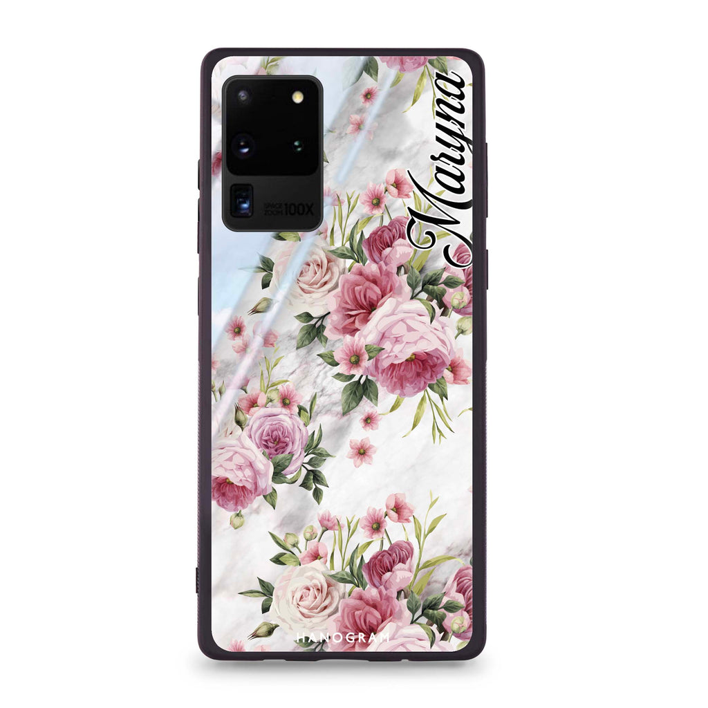 Marble and Pink Floral Samsung S20 Ultra Glass Case