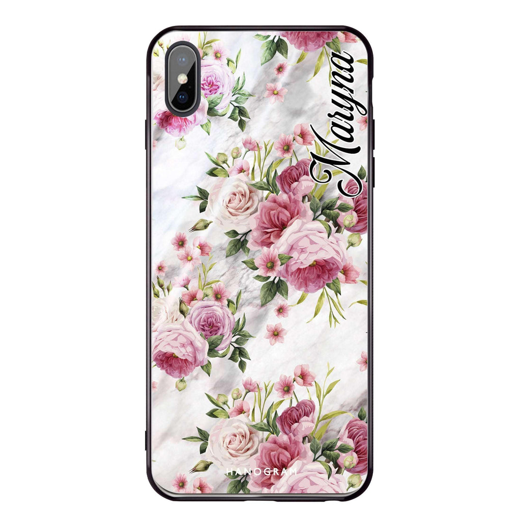 Marble and Pink Floral iPhone XS Max Glass Case
