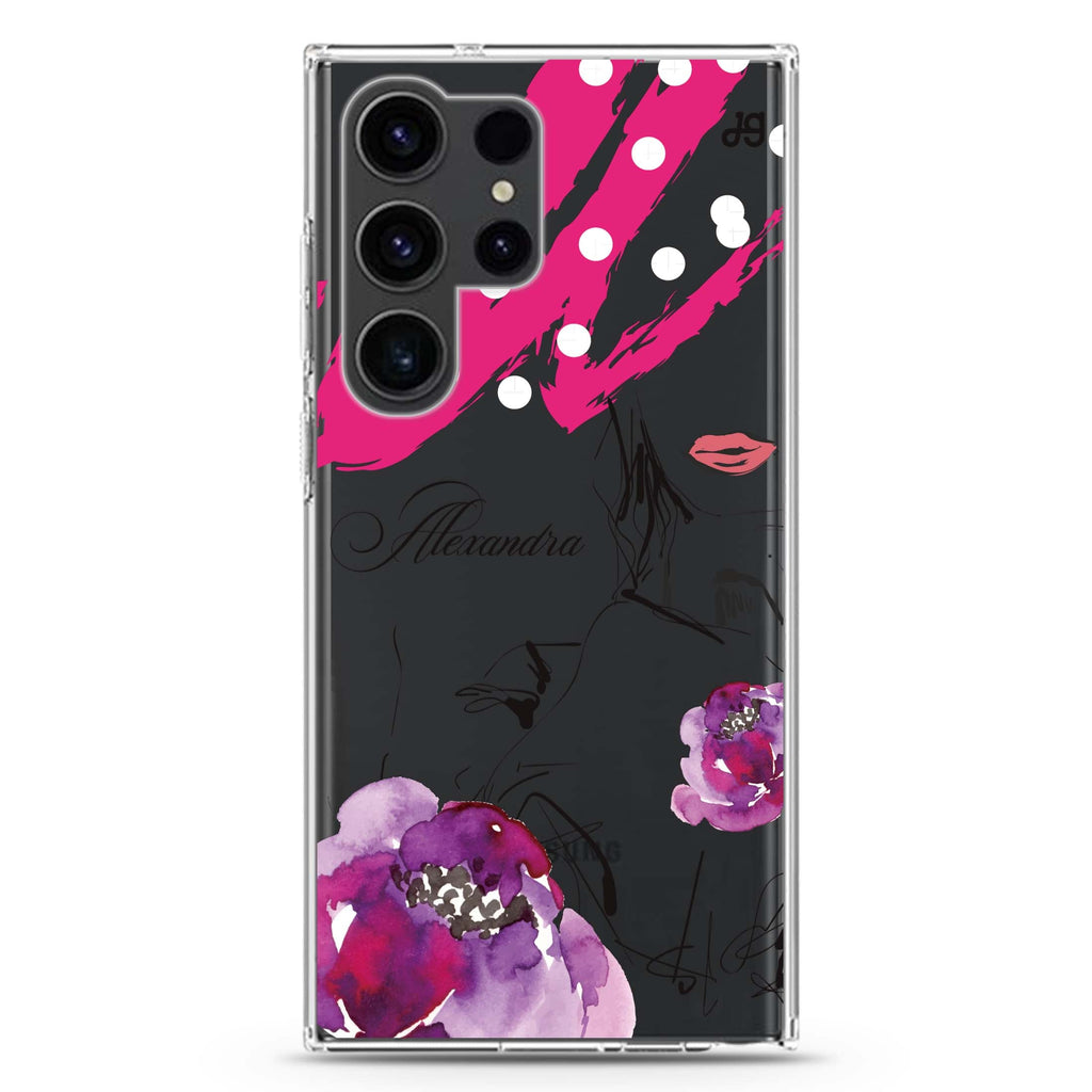 Floral Makeup personalized name Samsung Galaxy S26/S25/S24/S23/S22 Ultra ultra clear case, transparent design, main view
