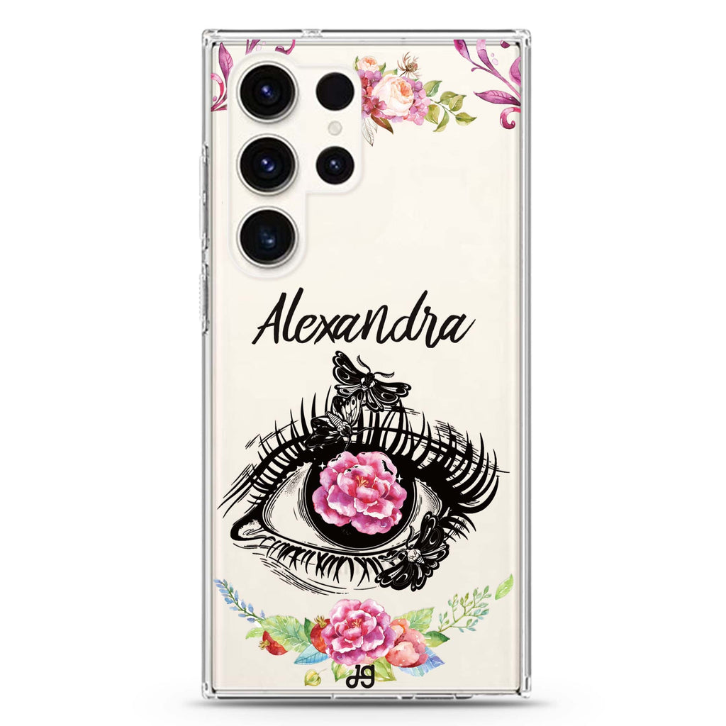 Flower in Eye personalized name Samsung Galaxy S26/S25/S24/S23/S22 Ultra ultra clear case, transparent design, main view