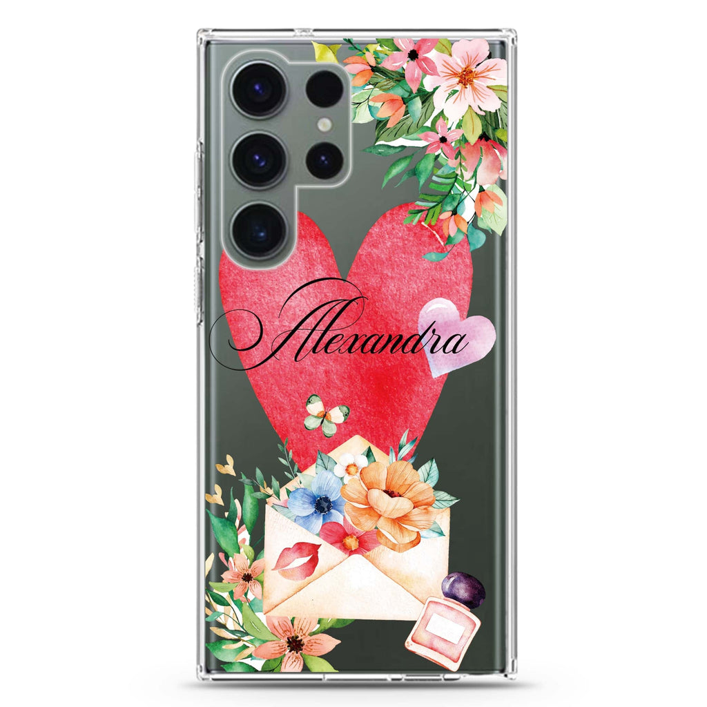 Floral Love Letter personalized name Samsung Galaxy S26/S25/S24/S23/S22 Ultra ultra clear case, transparent design, main view