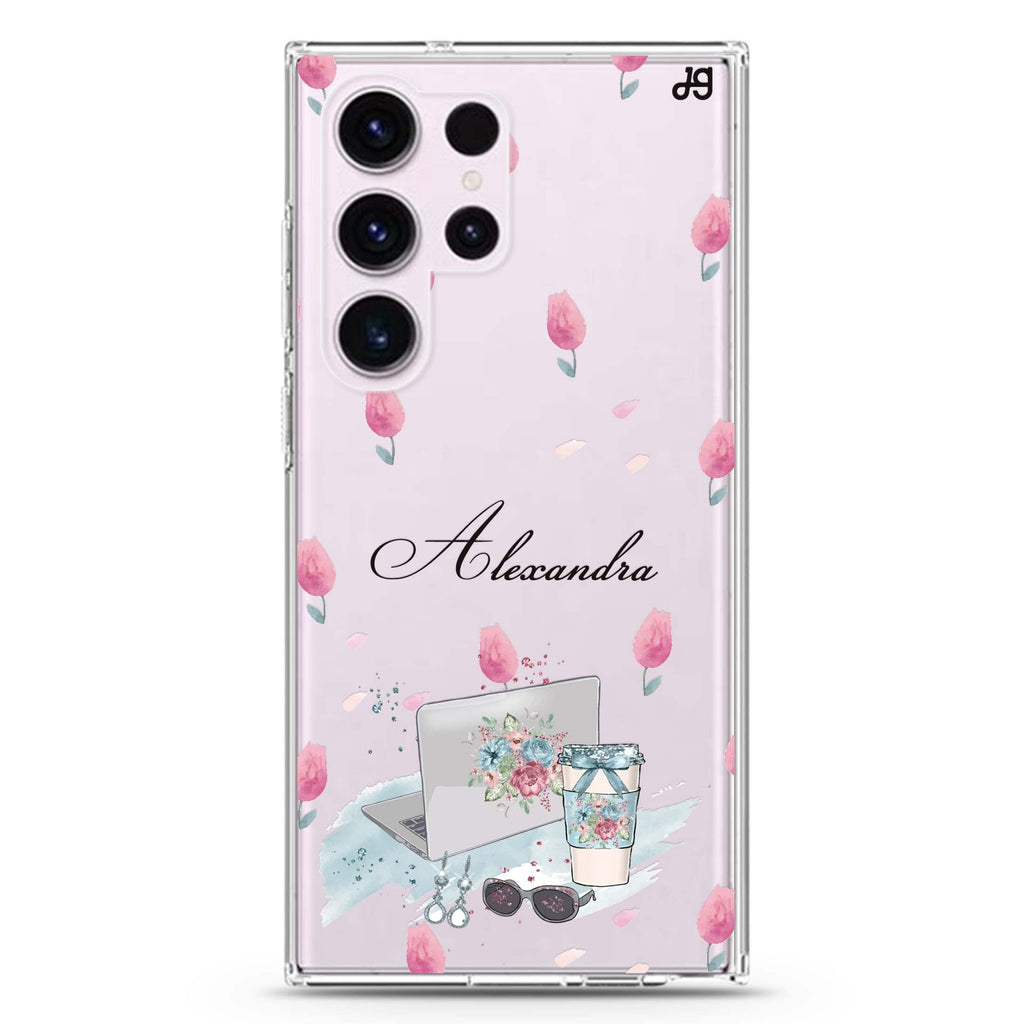 My Foral Lifestyle personalized name Samsung Galaxy S26/S25/S24/S23/S22 Ultra ultra clear case, transparent design, main view