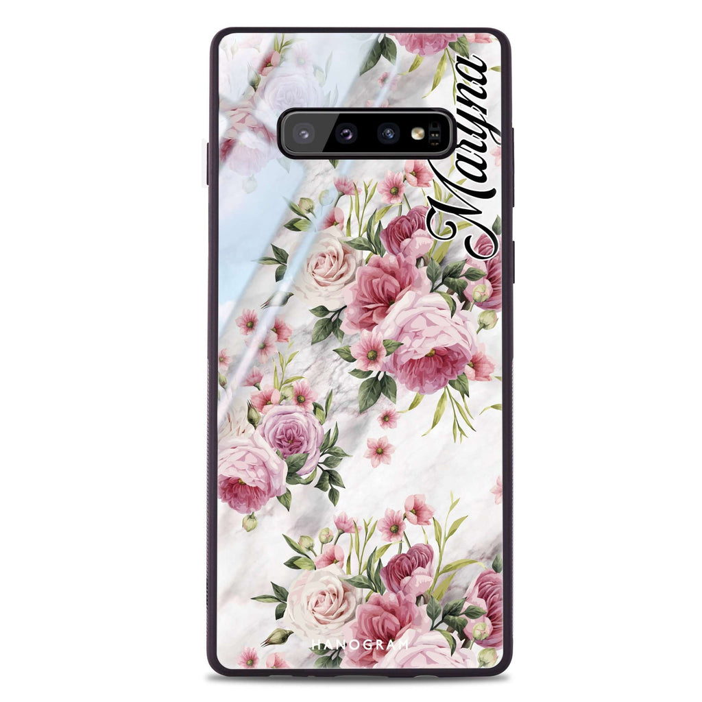 Marble and Pink Floral Samsung S10 Plus Glass Case