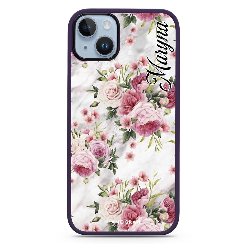 Marble and Pink Floral iPhone 14 Plus MagSafe Compatible Impact Guard Bumper Case