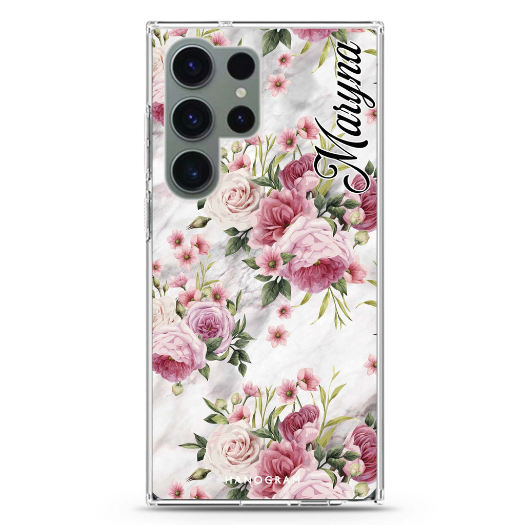 Marble and Pink personalized name Samsung Galaxy S26/S25/S24/S23/S22 Ultra ultra clear case, transparent design, main view