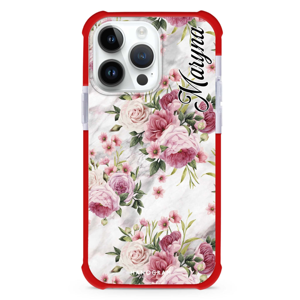 Marble and Pink Floral MagSafe Compatible Ultra Shockproof Case