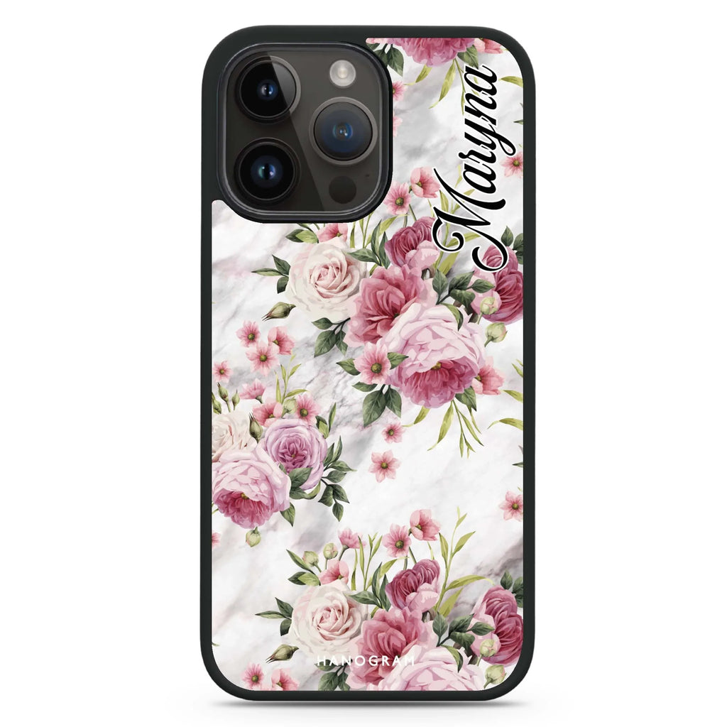 Marble and Pink Floral MagSafe Compatible Impact Guard Bumper Case