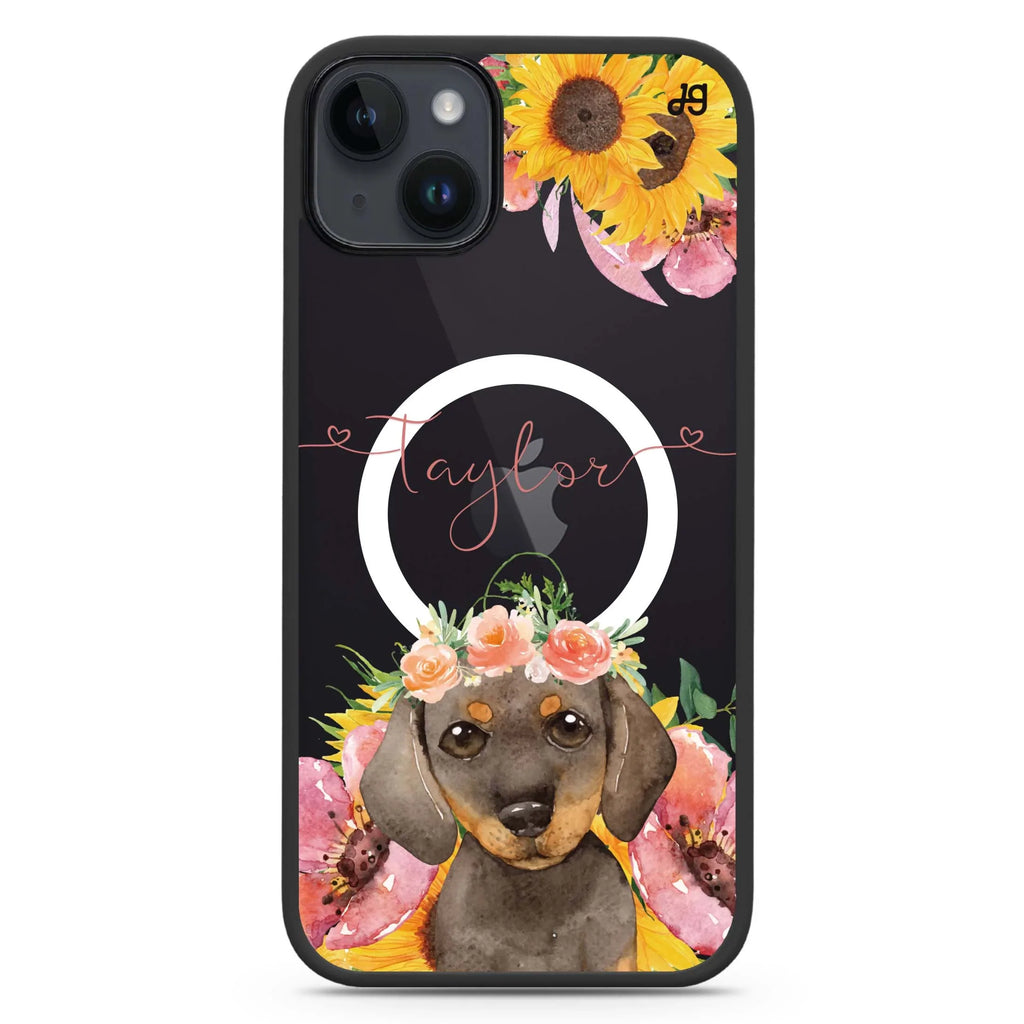 Sunflower Puppy iPhone 14 Plus MagSafe Compatible Impact Guard Bumper Case