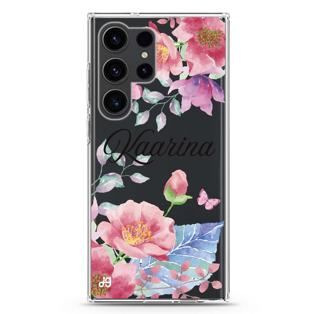 Butterfly Garden personalized name Samsung Galaxy S26/S25/S24/S23/S22 Ultra ultra clear case, transparent design, main view