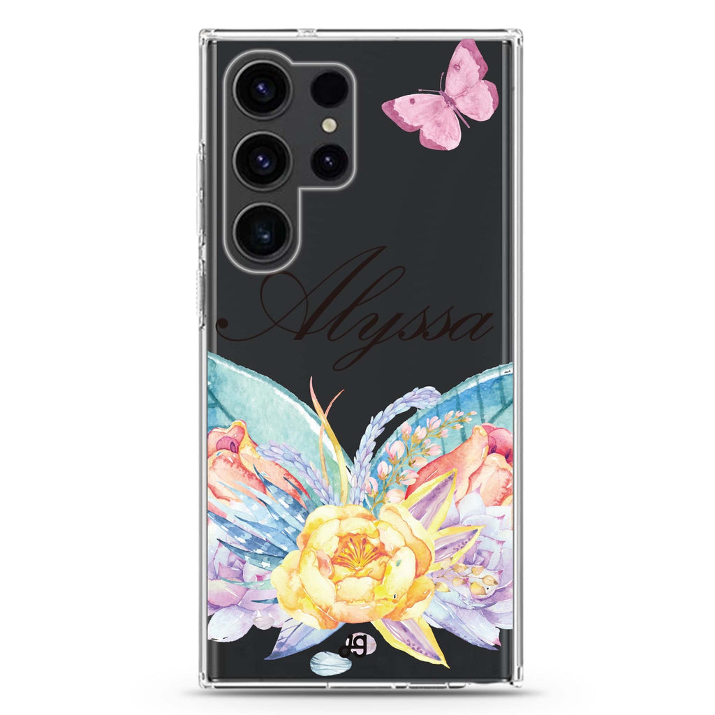 Butterfly and personalized name Samsung Galaxy S26/S25/S24/S23/S22 Ultra ultra clear case, transparent design, main view