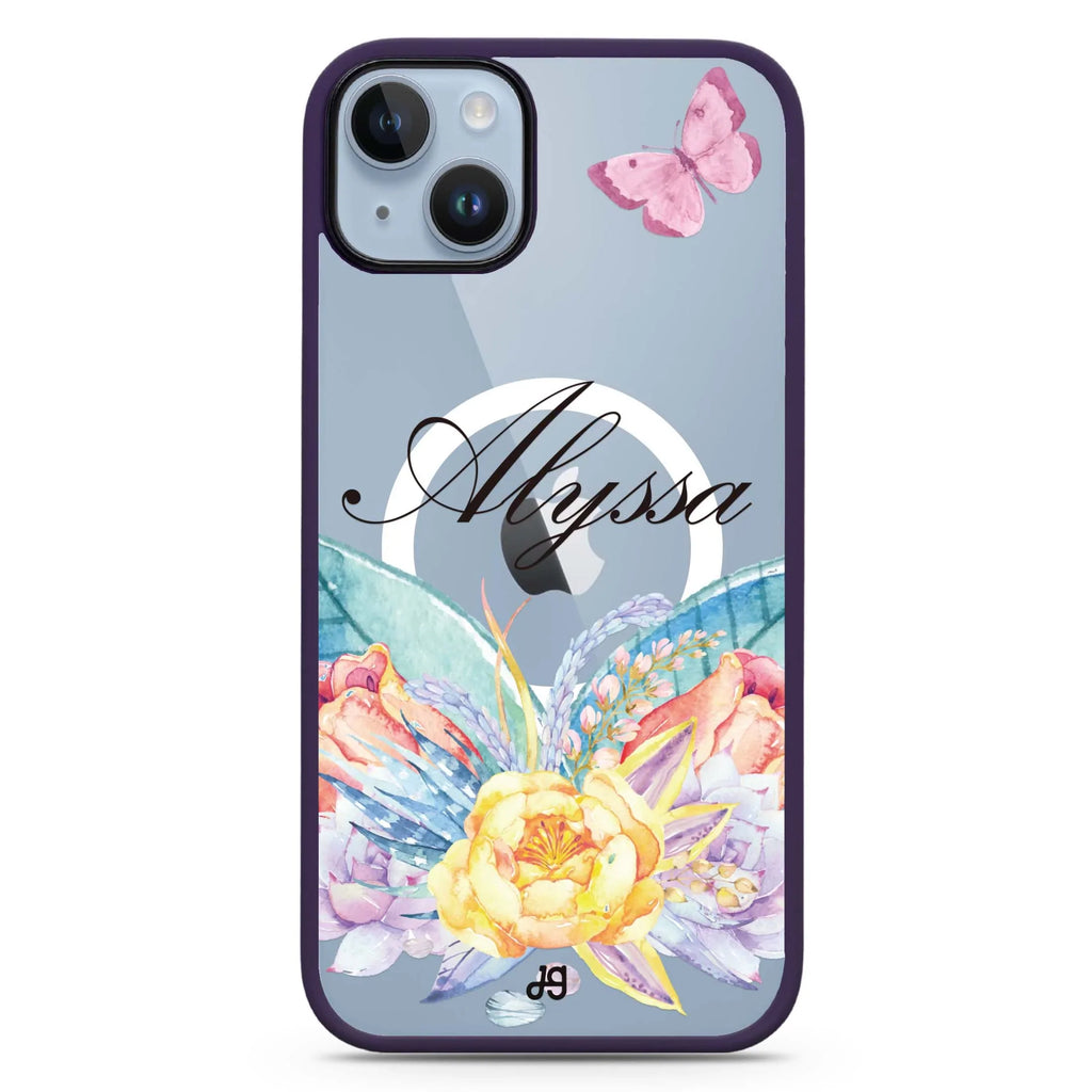 Butterfly and Abloom Rose iPhone 14 Plus MagSafe Compatible Impact Guard Bumper Case