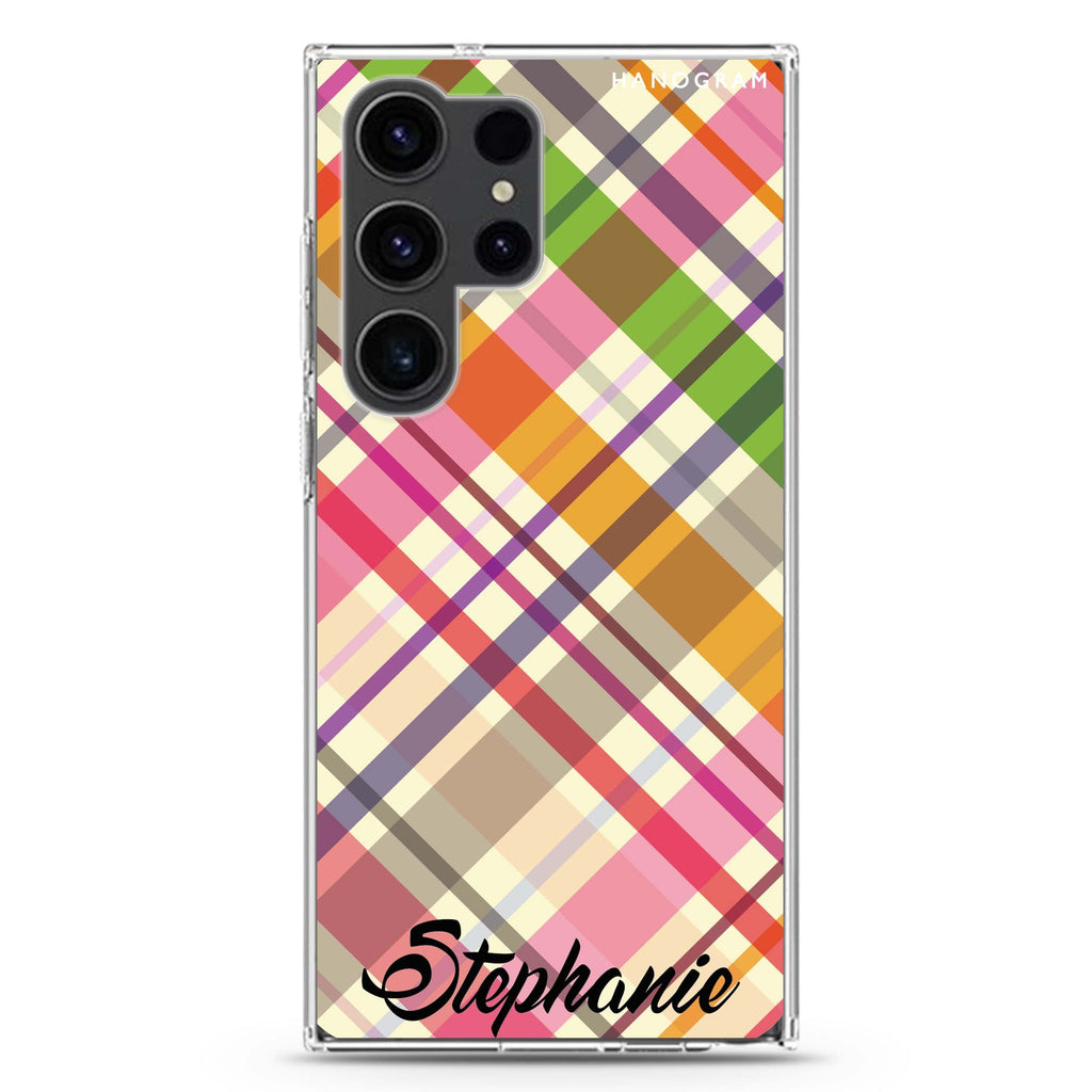 Colourful Checker personalized name Samsung Galaxy S26/S25/S24/S23/S22 Ultra ultra clear case, transparent design, main view