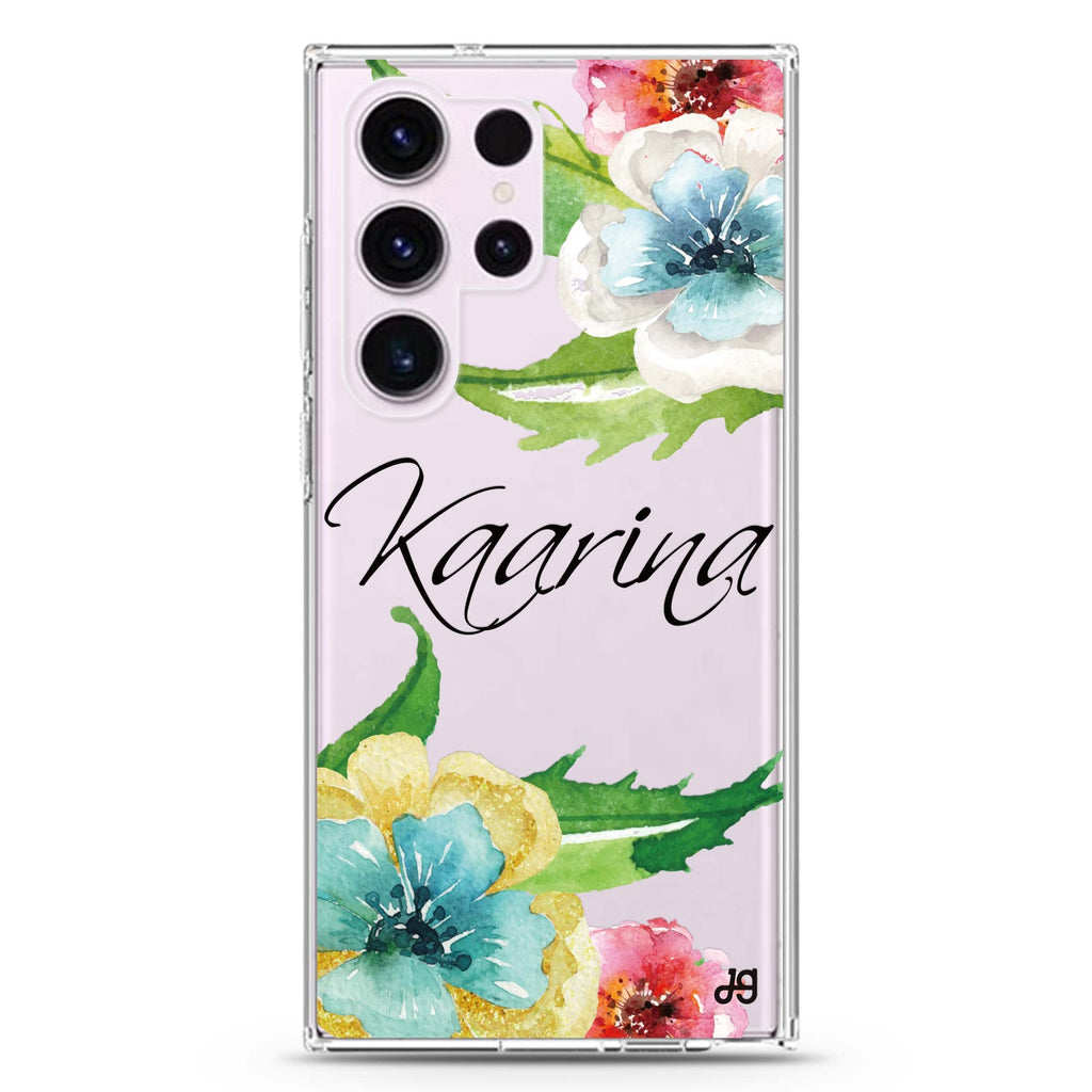 Golden and White personalized name Samsung Galaxy S26/S25/S24/S23/S22 Ultra ultra clear case, transparent design, main view