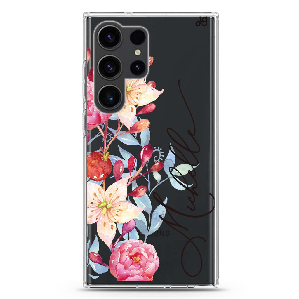 Pink Watercolor personalized name Samsung Galaxy S26/S25/S24/S23/S22 Ultra ultra clear case, transparent design, main view