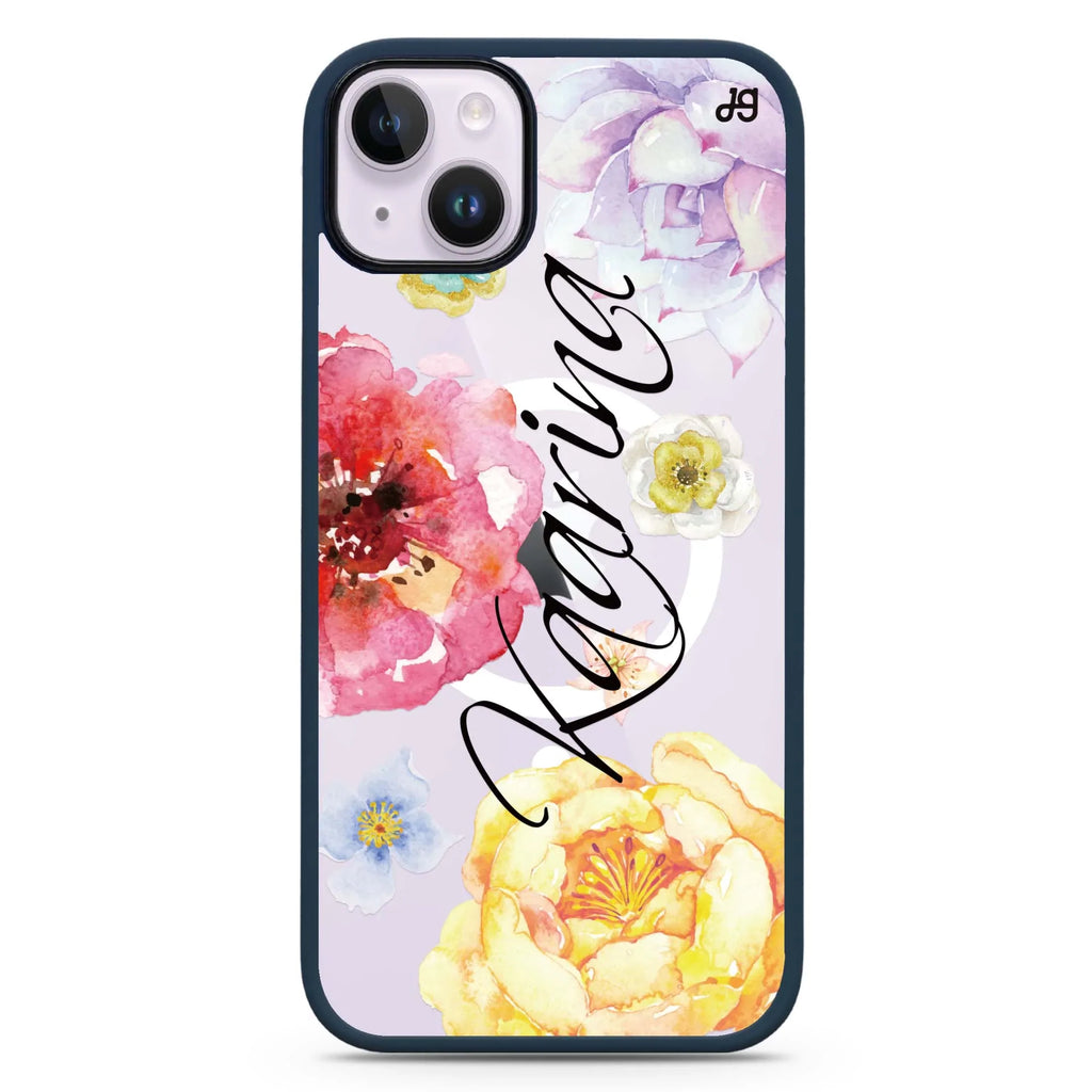 Colorful Watercolor Flowers iPhone 14 Plus MagSafe Compatible Impact Guard Bumper Case