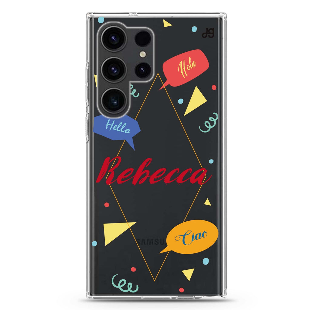 Communicate Fun personalized name Samsung Galaxy S26/S25/S24/S23/S22 Ultra ultra clear case, transparent design, main view