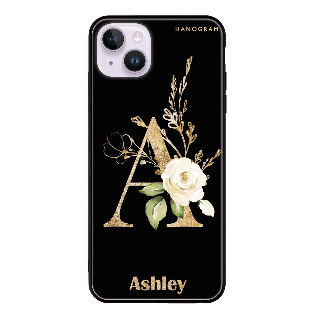Golden Floral Monogram iPhone 14 Plus Glass Case