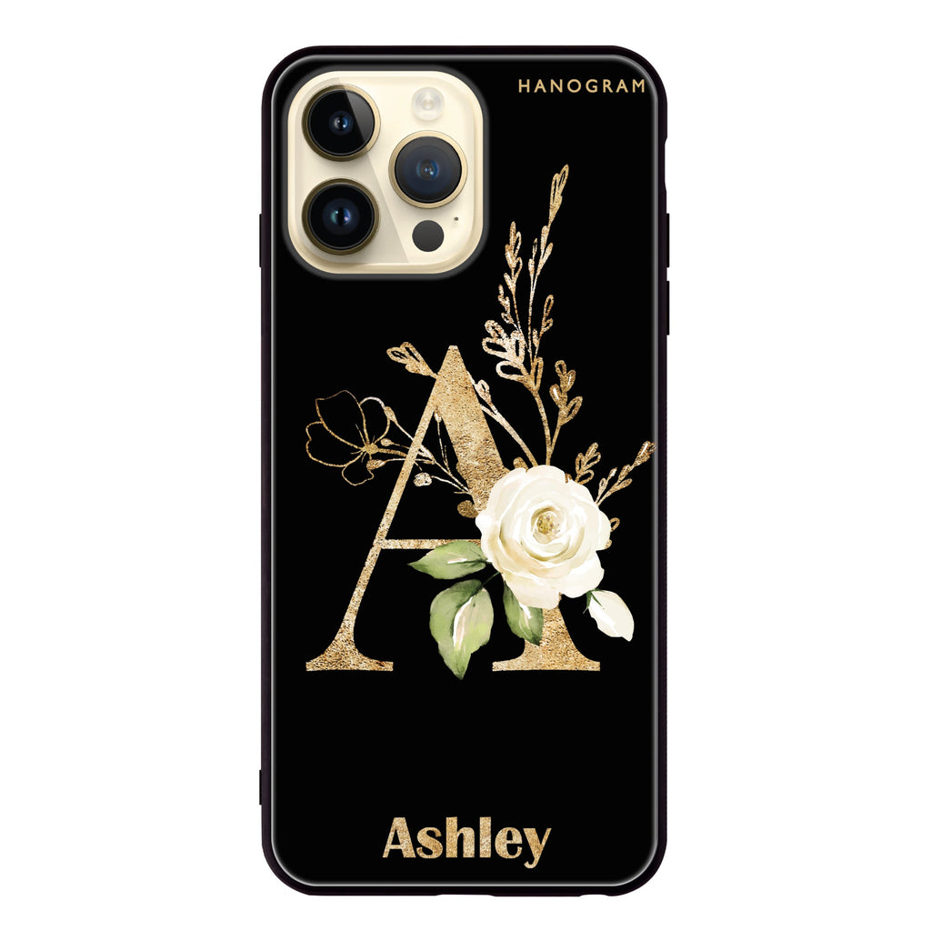 Golden Floral Monogram iPhone 13 Pro Max Glass Case