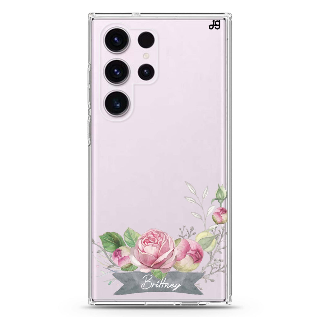 Ribbon & Floral personalized name Samsung Galaxy S26/S25/S24/S23/S22 Ultra ultra clear case, transparent design, main view