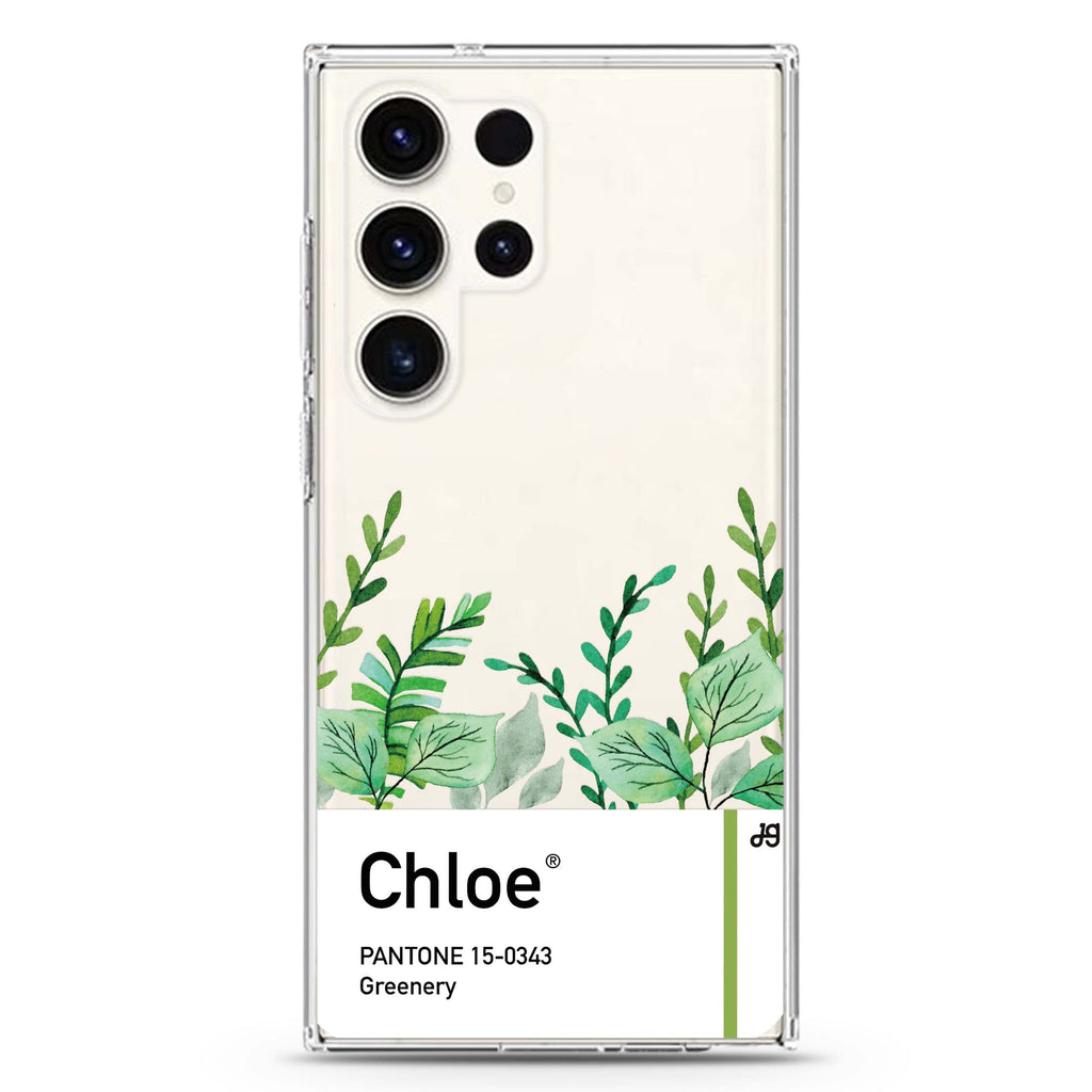 #15-0343 Greenery personalized name Samsung Galaxy S26/S25/S24/S23/S22 Ultra ultra clear case, transparent design, main view