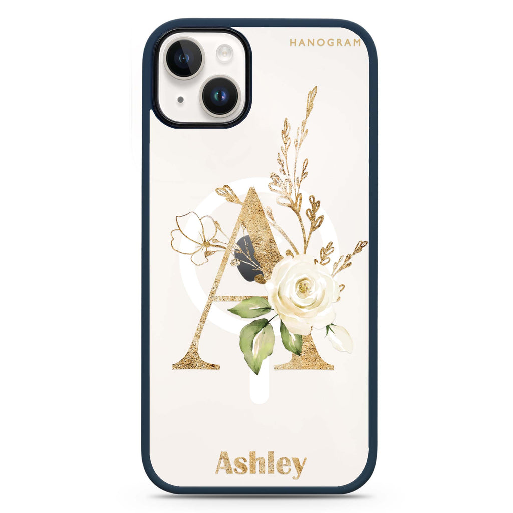 Golden Floral Monogram iPhone 14 Plus MagSafe Compatible Impact Guard Bumper Case