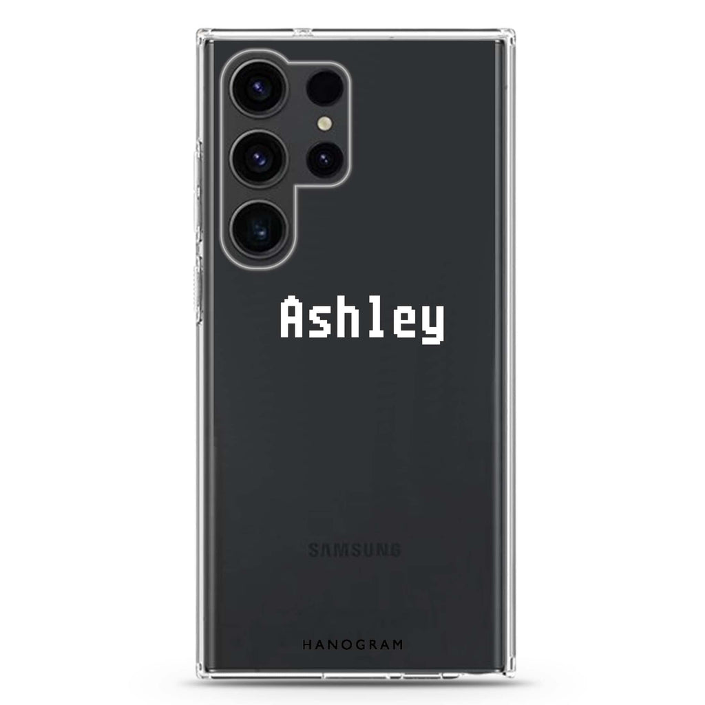 Pixel Custom Name personalized name Samsung Galaxy S26/S25/S24/S23/S22 Ultra ultra clear case, transparent design, main view