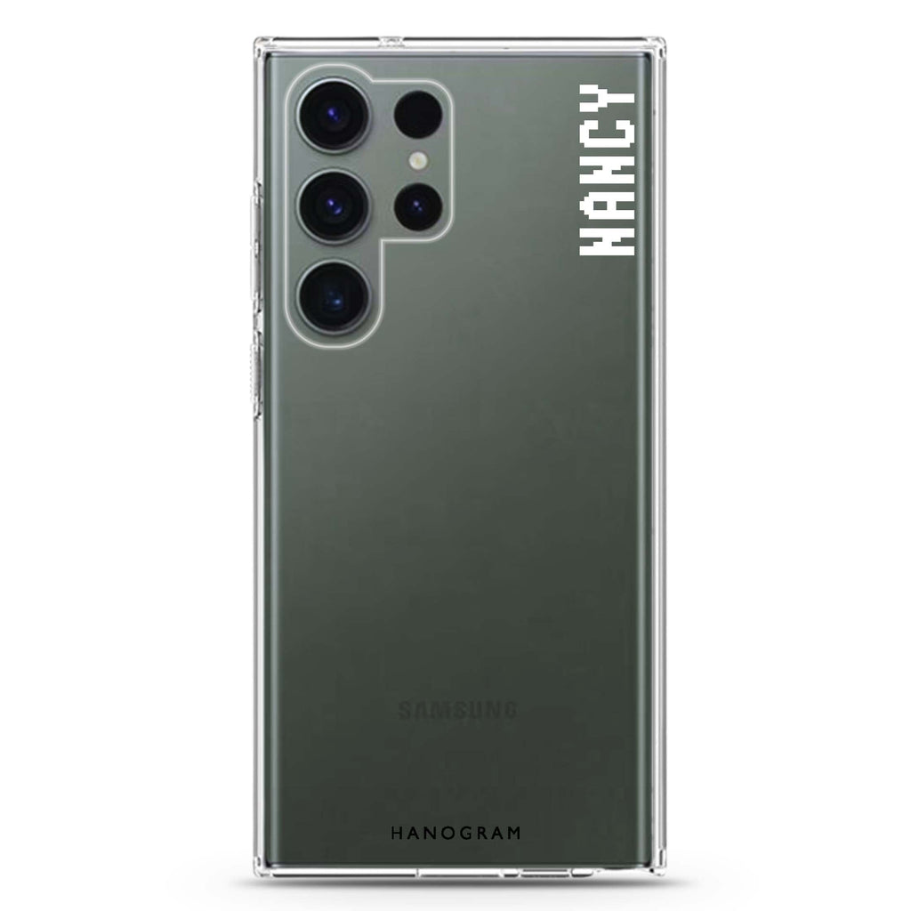 Pixel Custom Name personalized name Samsung Galaxy S26/S25/S24/S23/S22 Ultra ultra clear case, transparent design, main view