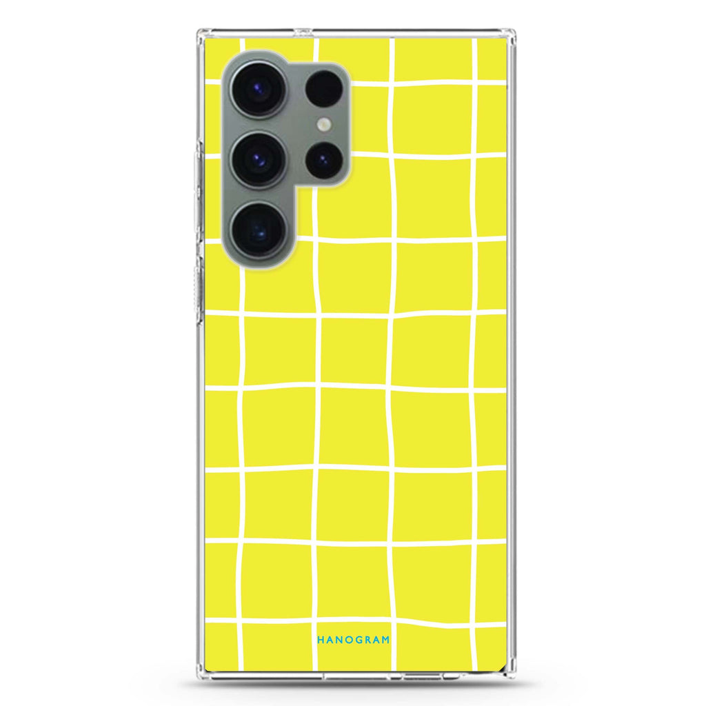 Yellow Checked Pattern Samsung Galaxy S26/S25/S24/S23/S22 Ultra ultra clear case, transparent design, main view