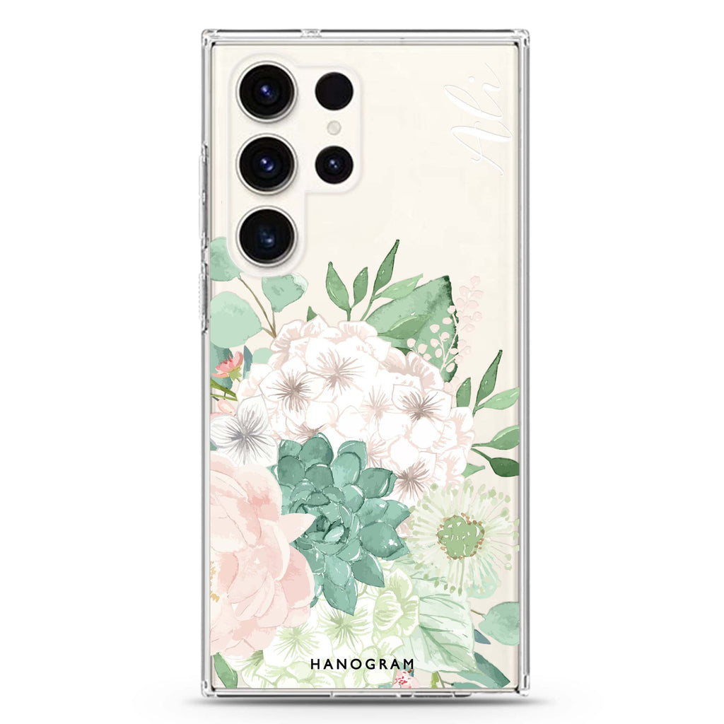 Vintage Flowers personalized name Samsung Galaxy S26/S25/S24/S23/S22 Ultra ultra clear case, transparent design, main view