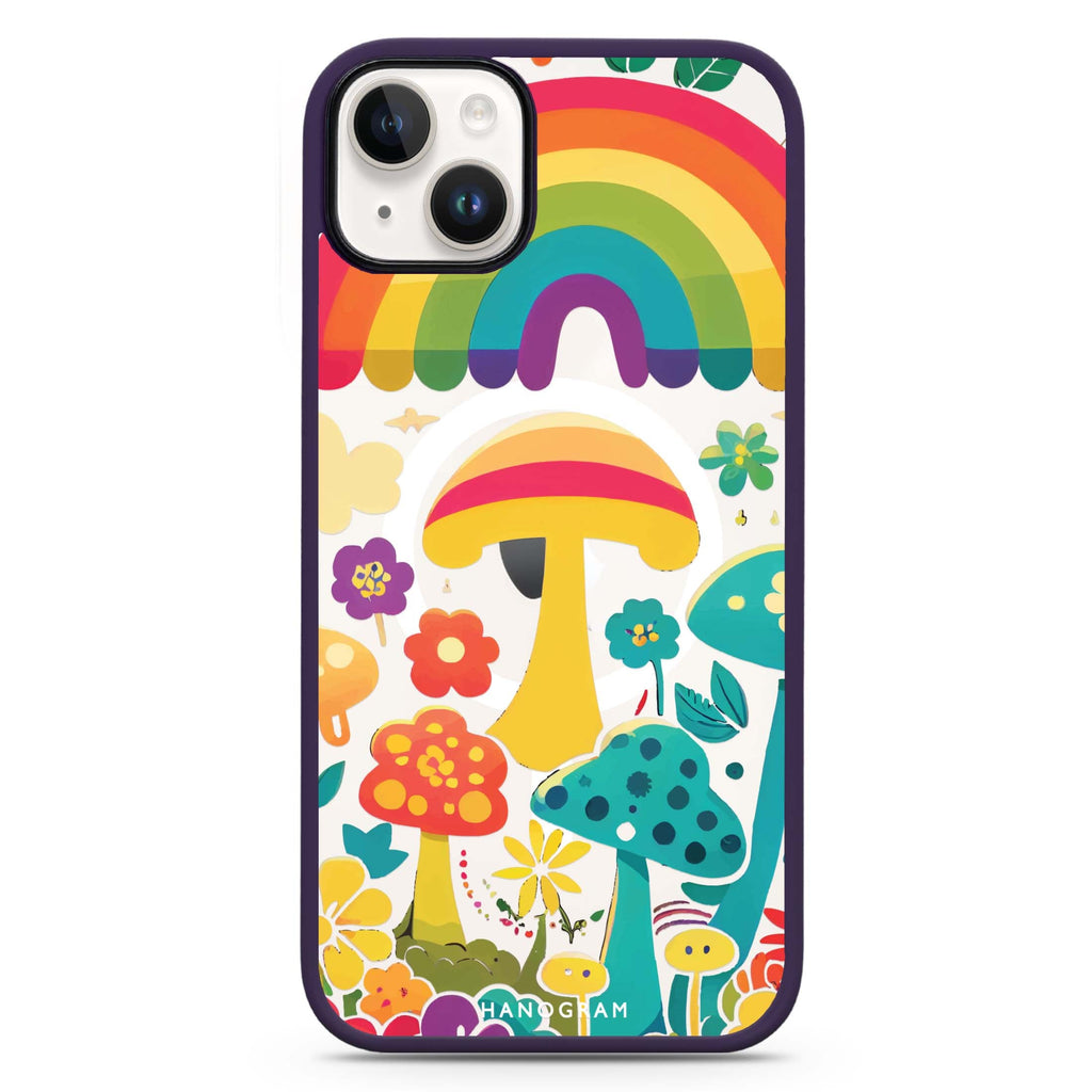 Rainbow Mushroom Garden iPhone 14 Plus MagSafe Compatible Impact Guard Bumper Case