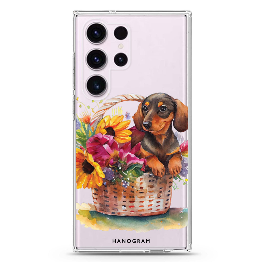 Floral & Dog Samsung Galaxy S26/S25/S24/S23/S22 Ultra ultra clear case, transparent design, main view