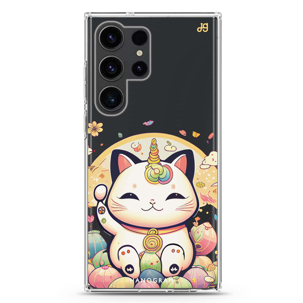 Cute Lucky Cat Samsung Galaxy S26/S25/S24/S23/S22 Ultra ultra clear case, transparent design, main view