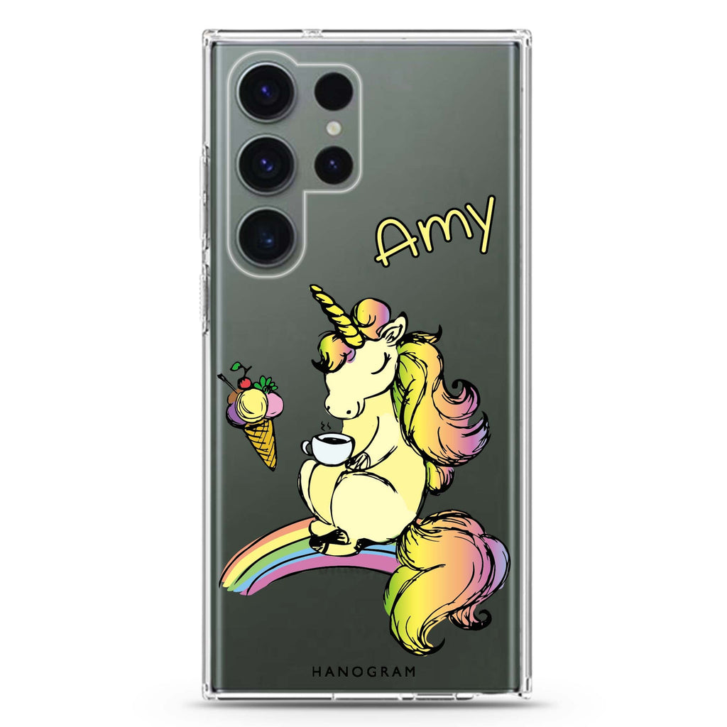 Cute Unicorn personalized name Samsung Galaxy S26/S25/S24/S23/S22 Ultra ultra clear case, transparent design, main view