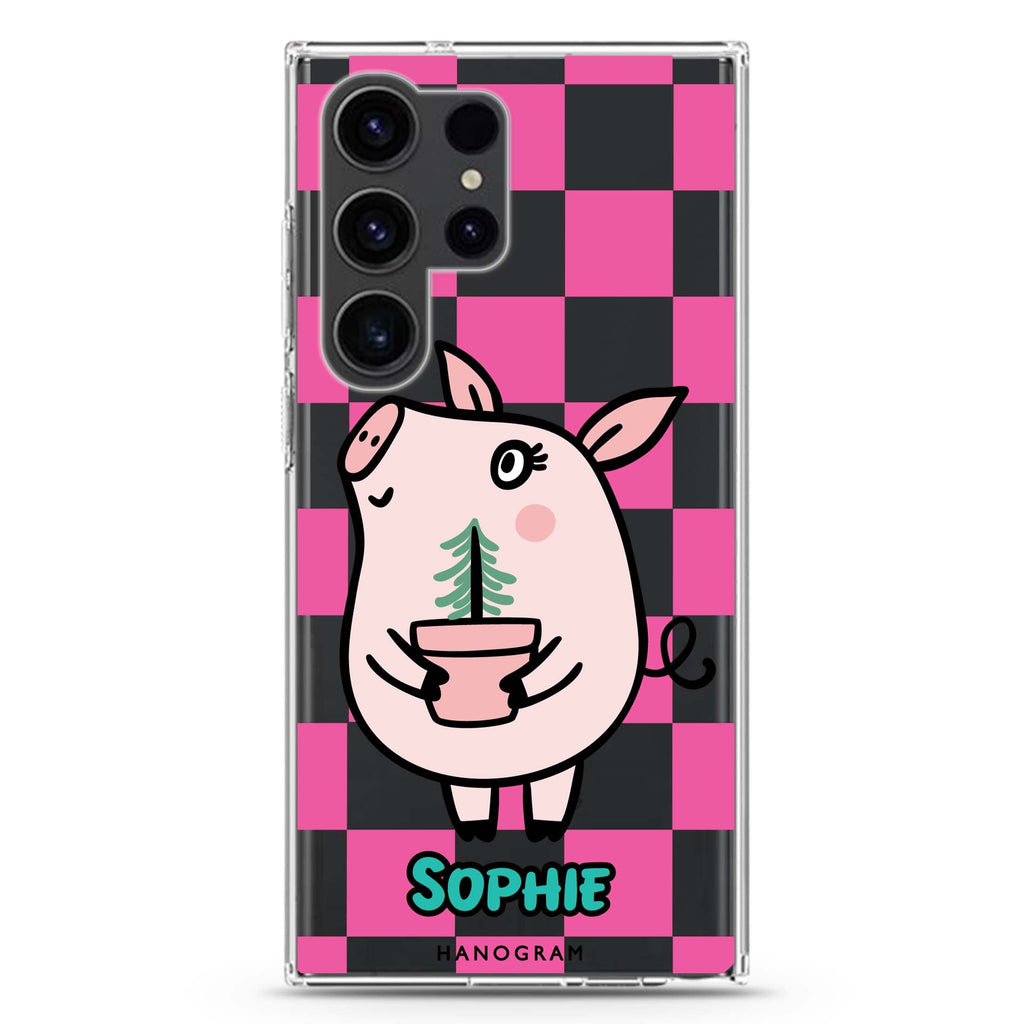 Lovely Pig personalized name Samsung Galaxy S26/S25/S24/S23/S22 Ultra ultra clear case, transparent design, main view