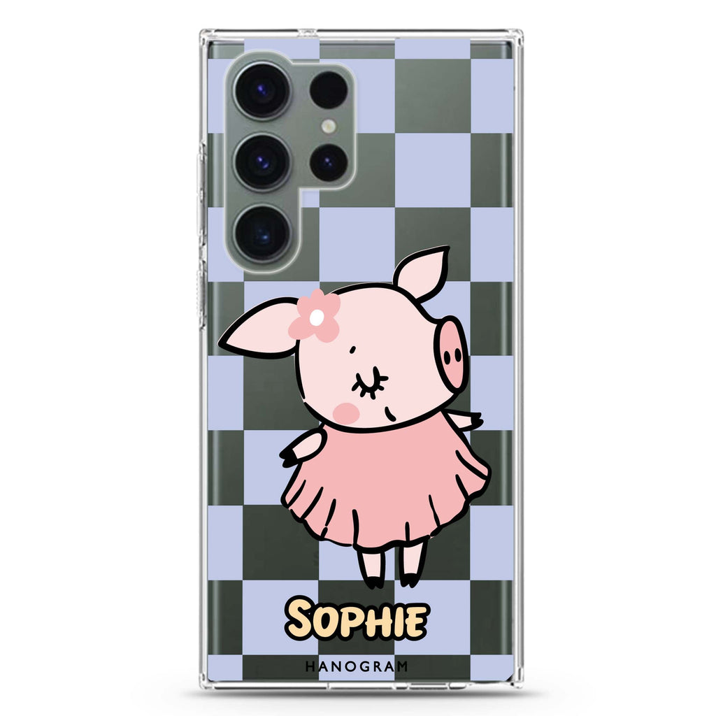 Pretty Pig personalized name Samsung Galaxy S26/S25/S24/S23/S22 Ultra ultra clear case, transparent design, main view