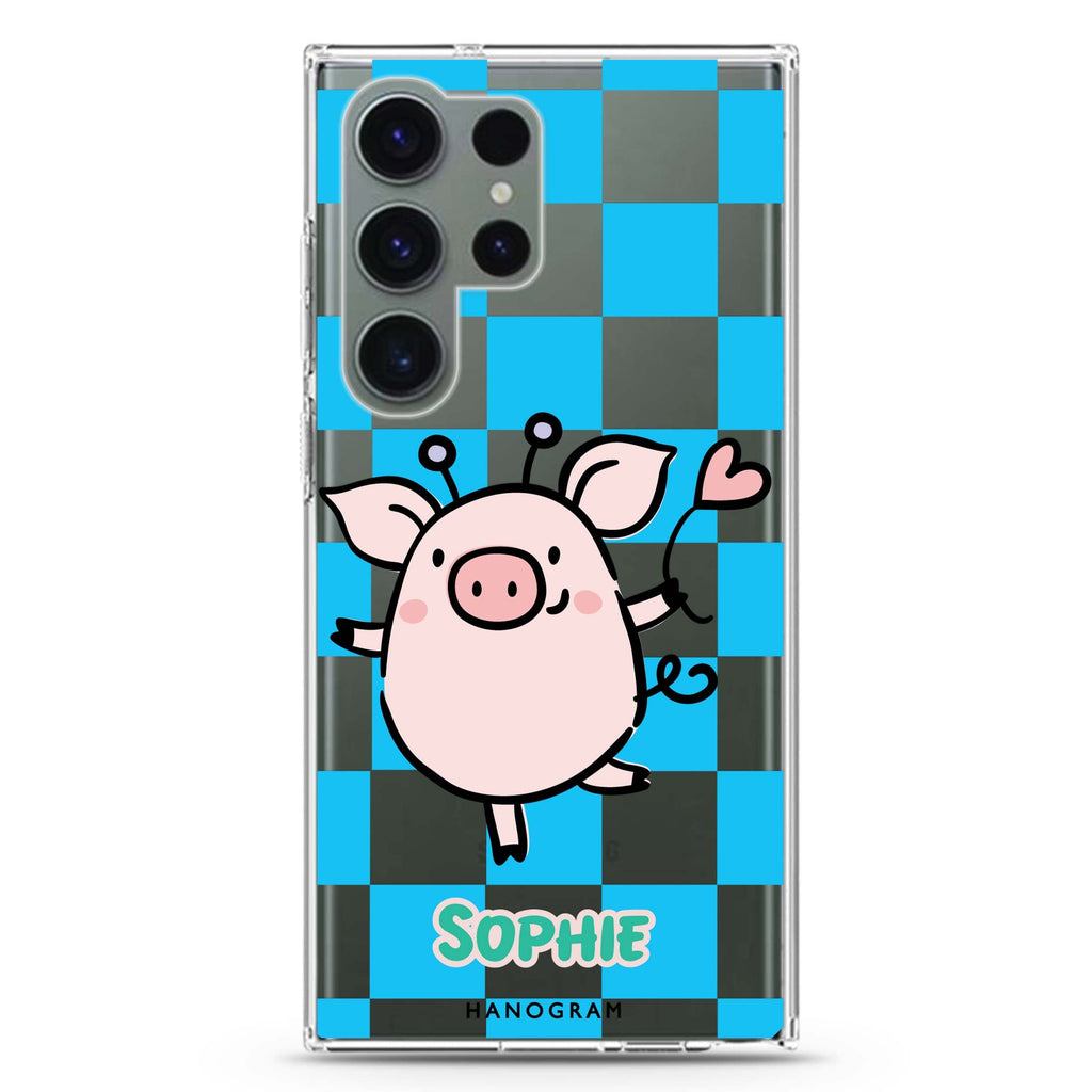 Happy Pig personalized name Samsung Galaxy S26/S25/S24/S23/S22 Ultra ultra clear case, transparent design, main view