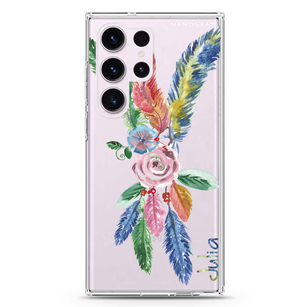 Feather personalized name Samsung Galaxy S26/S25/S24/S23/S22 Ultra ultra clear case, transparent design, main view