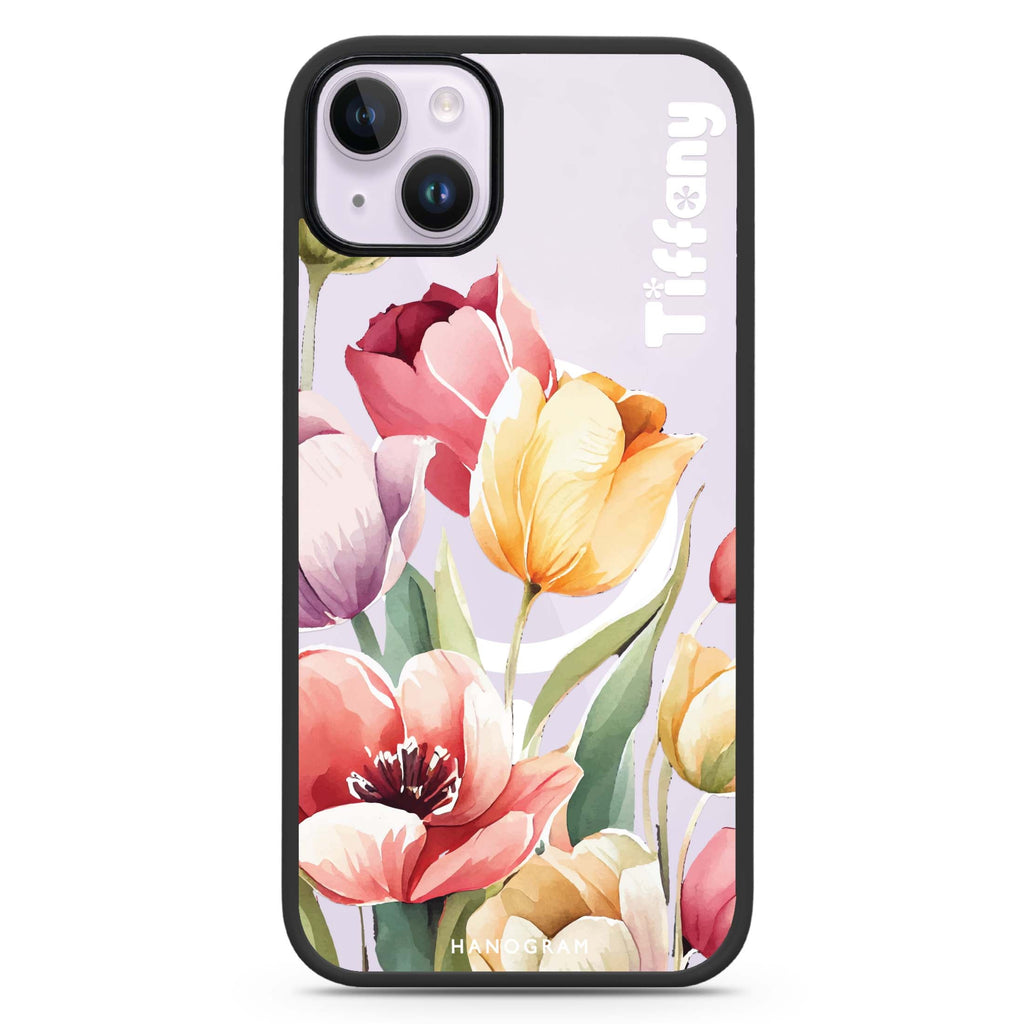 Watercolor tulip iPhone 14 Plus MagSafe Compatible Impact Guard Bumper Case