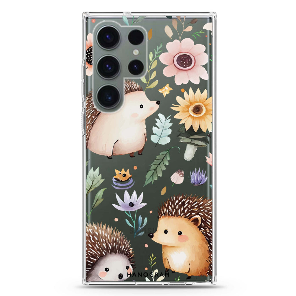 Hedgehog & Floral Samsung Galaxy S26/S25/S24/S23/S22 Ultra ultra clear case, transparent design, main view