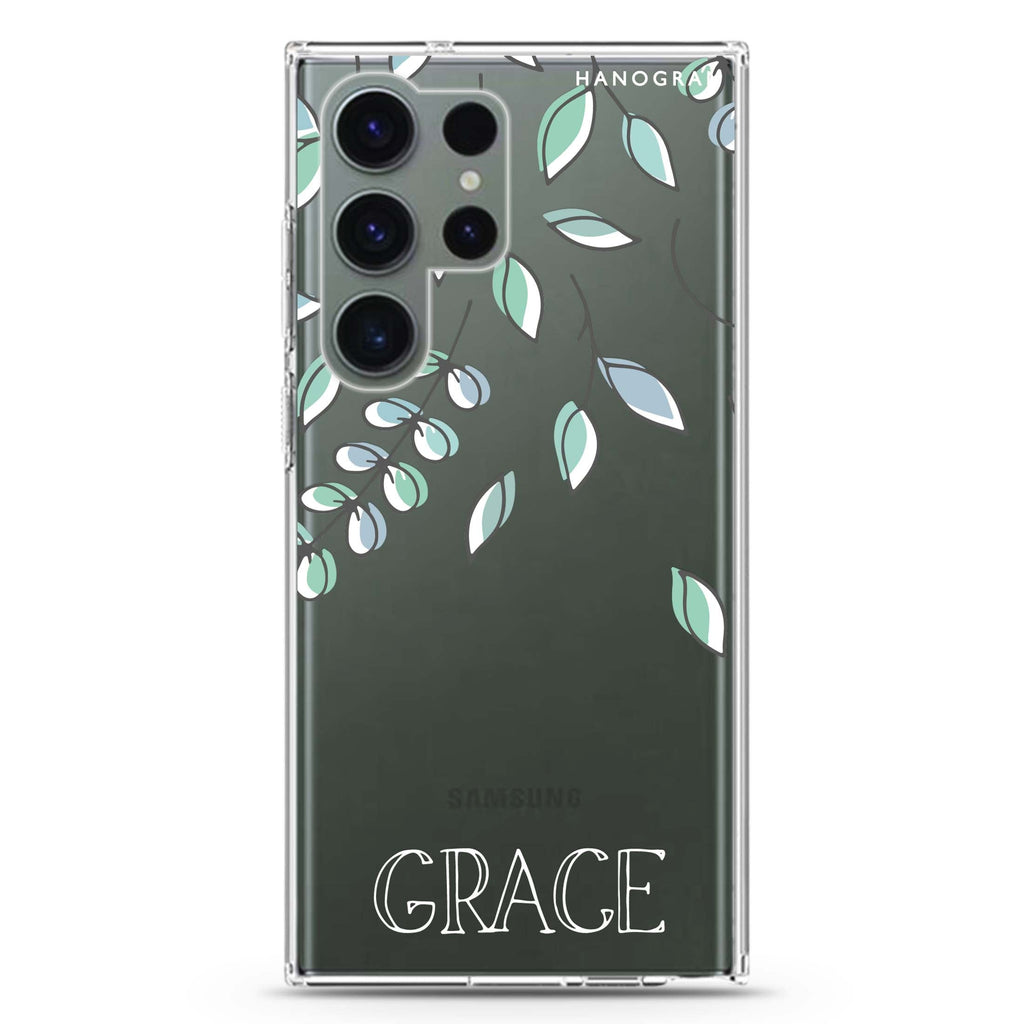 Fall Leaf personalized name Samsung Galaxy S26/S25/S24/S23/S22 Ultra ultra clear case, transparent design, main view
