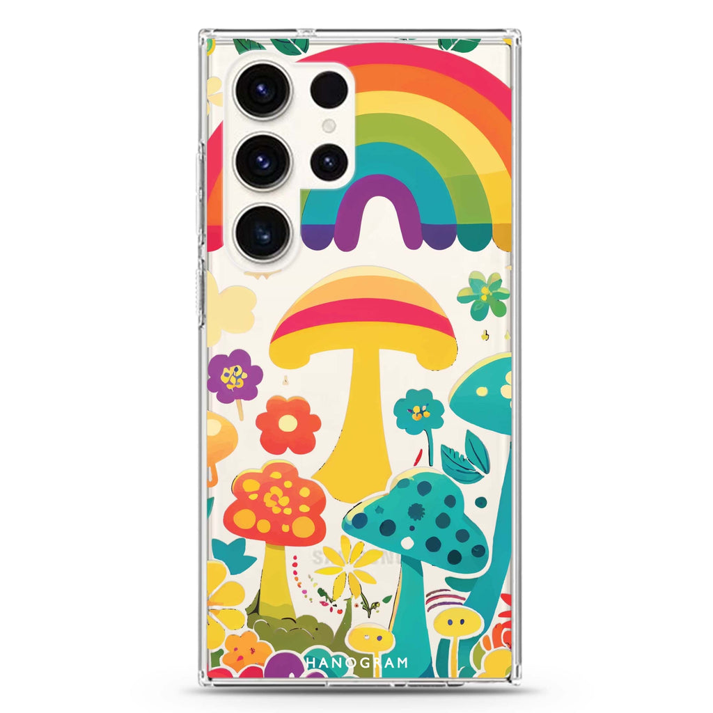 Rainbow Mushroom Garden Samsung Galaxy S26/S25/S24/S23/S22 Ultra ultra clear case, transparent design, main view
