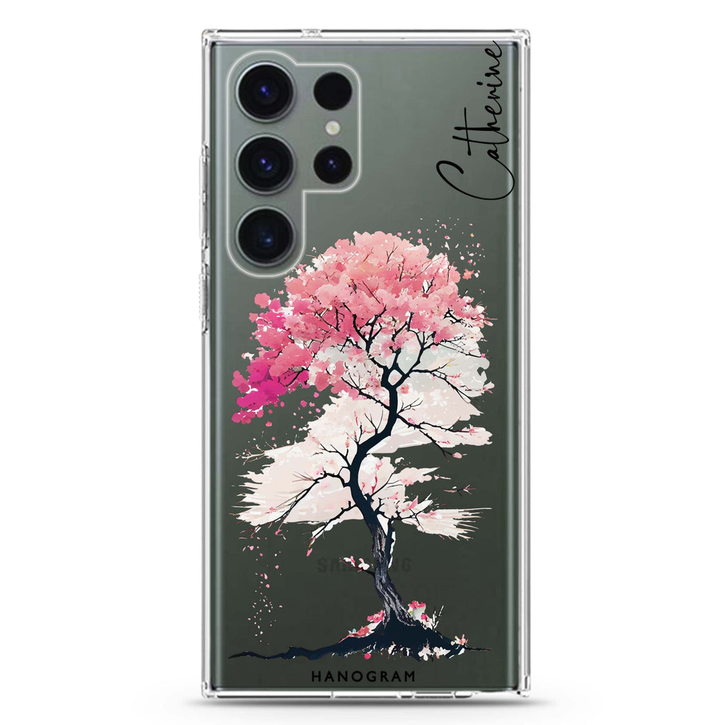 A Cherry Tree personalized name Samsung Galaxy S26/S25/S24/S23/S22 Ultra ultra clear case, transparent design, main view