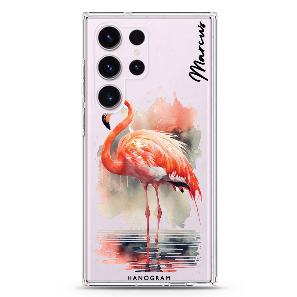 Flamingo in Water personalized name Samsung Galaxy S26/S25/S24/S23/S22 Ultra ultra clear case, transparent design, main view