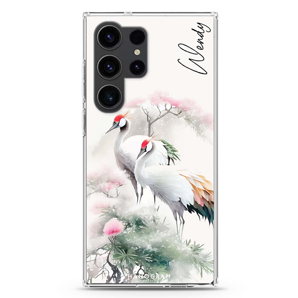 Pines & Cranes #1 personalized name Samsung Galaxy S26/S25/S24/S23/S22 Ultra ultra clear case, transparent design, main view