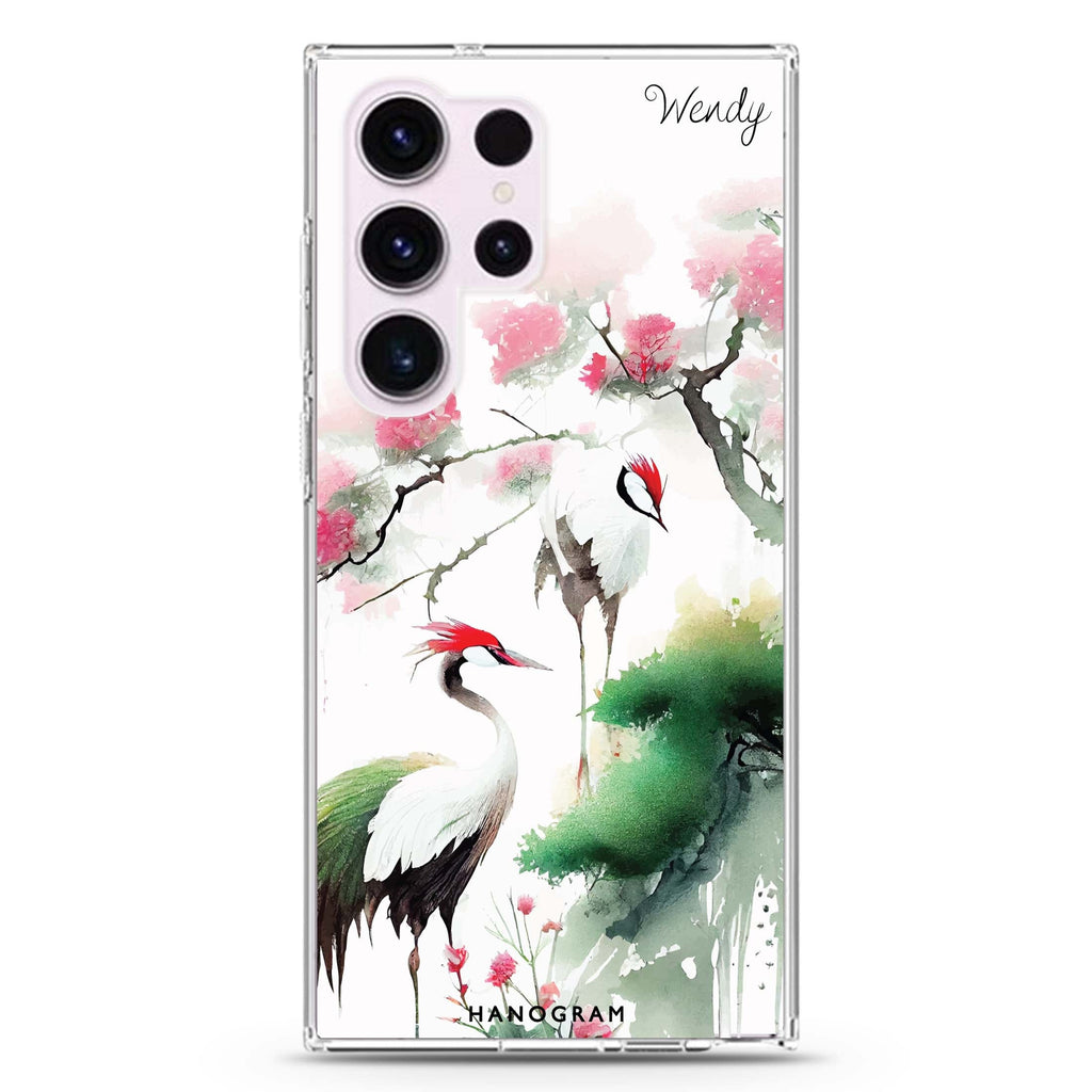 Pines & Cranes #2 personalized name Samsung Galaxy S26/S25/S24/S23/S22 Ultra ultra clear case, transparent design, main view