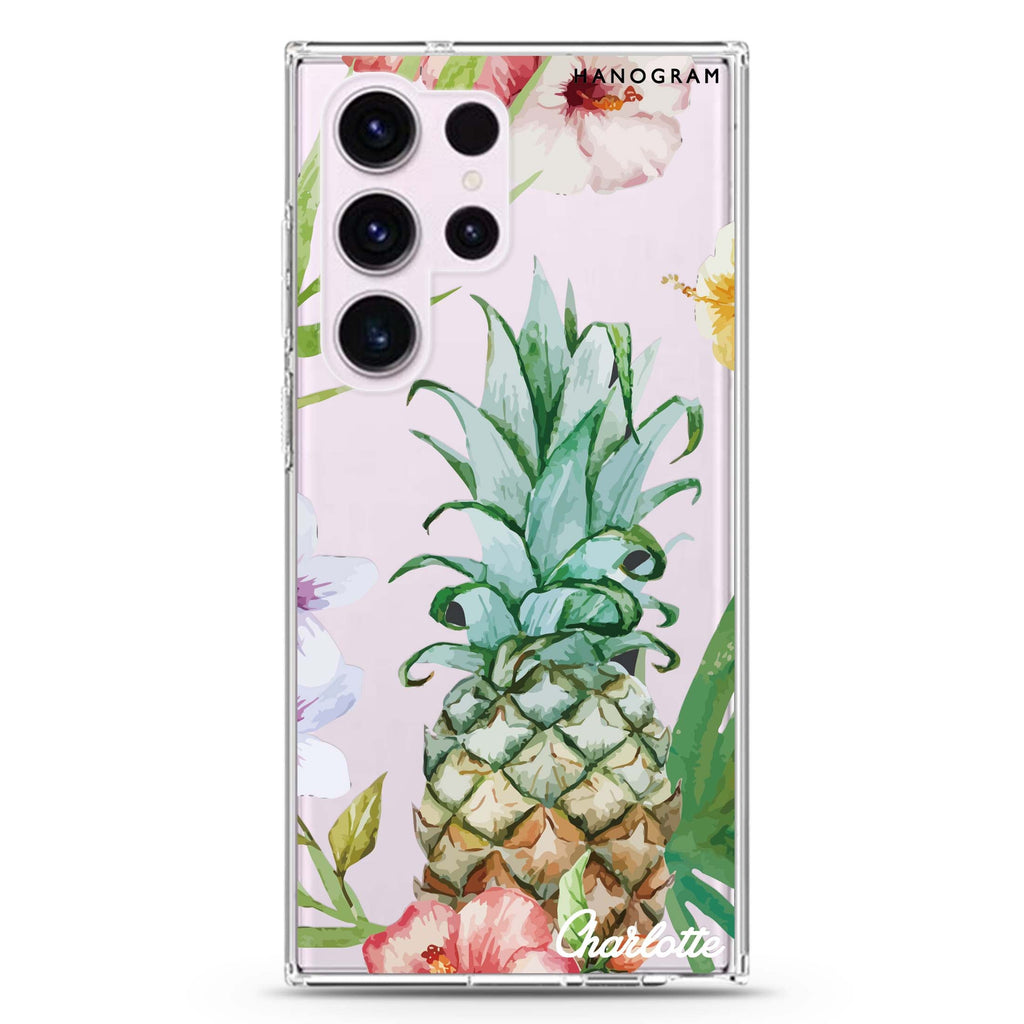 Pineapple & Floral personalized name Samsung Galaxy S26/S25/S24/S23/S22 Ultra ultra clear case, transparent design, main view