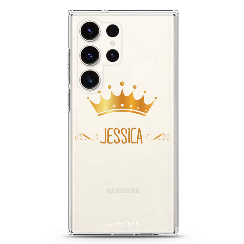 Queen's Crown personalized name Samsung Galaxy S26/S25/S24/S23/S22 Ultra ultra clear case, transparent design, main view